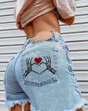Women High Waist Heart Skeleton Bone Street Style Tassels Jeans Shorts Black Blue S-2XL
