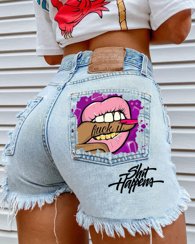 Women Lips Printed Fashion Hole Jeans Shorts Black Blue S-3XL