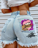 Women Lips Printed Fashion Hole Jeans Shorts Black Blue S-3XL