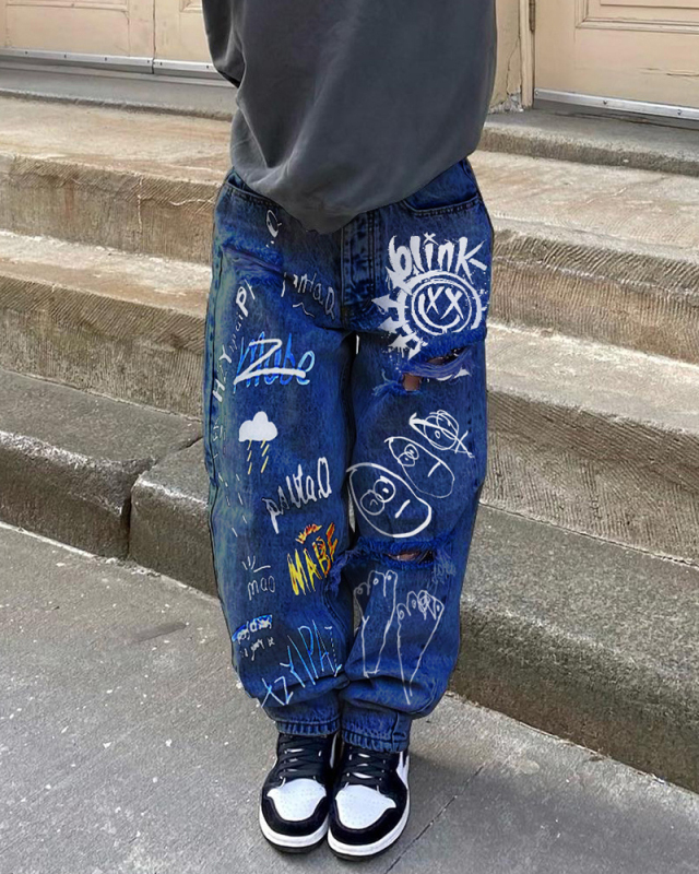 Women New Jeans High Waist Graffiti Pants Blue S-3XL