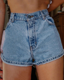 Women Hot Smile Back Summer High Waist Shorts Light Blue S-2XL