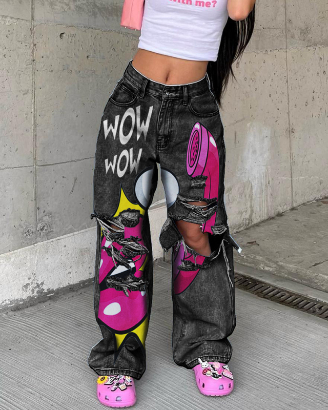 Hot Sale Hollow Out High Waist Graffiti Wide Leg Long Pants Blue Gray S-3XL