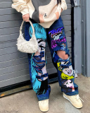 Women Printed High Waist Cut Out Straight Leg Jeans Blue Gray S-3XL