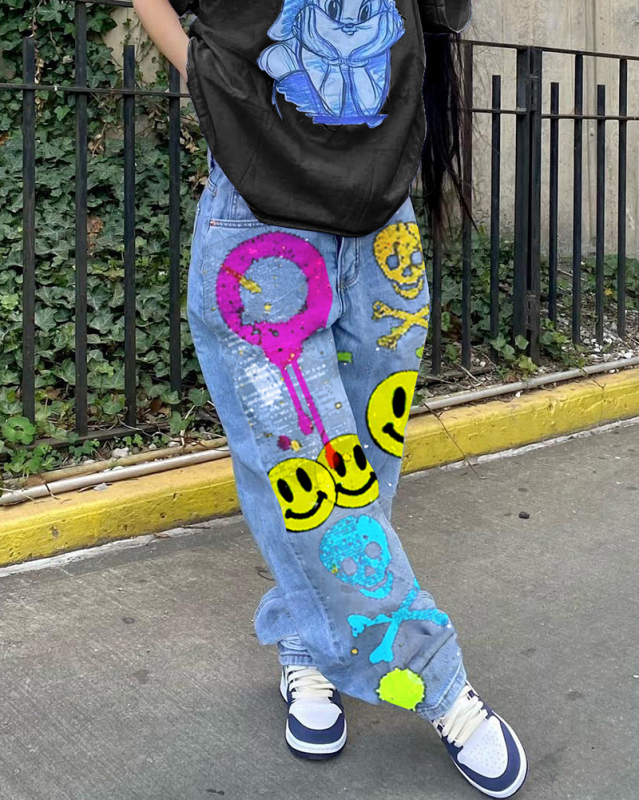 Graffiti Smile Printed High Waist Wide Leg Fashion Women Jeans Light Blue S-3XL