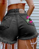 Summer New Hot Women Dollar Lips Printed Hole Tassel Ripped Jeans Shorts Black Blue Gray S-4XL