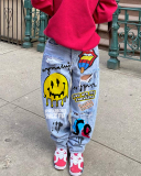 Smile Printed Street Style Fashion Skateboard Pants Jeans Light Blue S-3XL