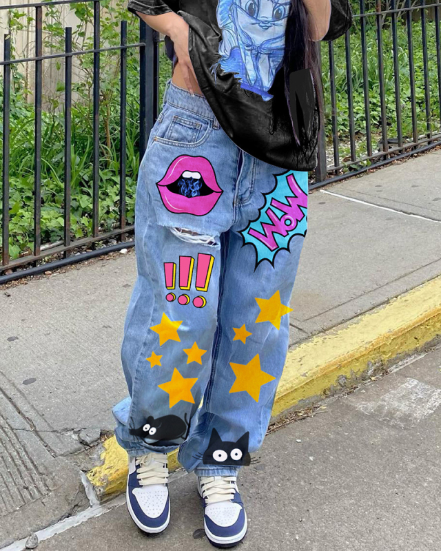 Fashion Lips Graffiti Printed Jeans Straight Pants Light Blue S-3XL