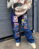 Retro Street Style Tear Printed Hollow Out Wide Leg Jean Pants Blue Black S-3XL
