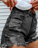 Sun Printed Back Pocket Fashion Hole Tassel Jean Shorts Black Blue S-3XL