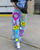 Graffiti Smile Printed High Waist Wide Leg Fashion Women Jeans Light Blue S-3XL
