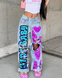 Popular High Waist Smile Printed Hollow Out Cargo Pants Blue Gray S-3XL