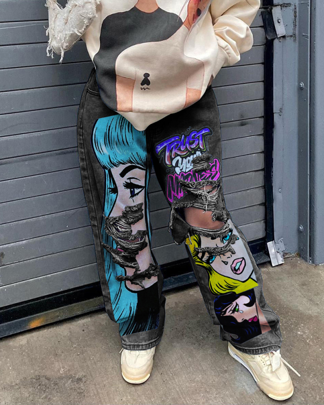 Women Printed High Waist Cut Out Straight Leg Jeans Blue Gray S-3XL