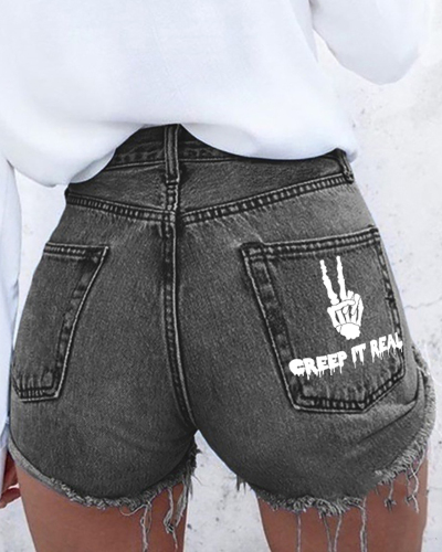 Casual Style Women Tassel Printed Shorts Jeans Black Blue Gray S-4XL