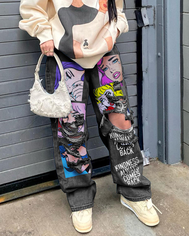 Retro Street Style Tear Printed Hollow Out Wide Leg Jean Pants Blue Black S-3XL