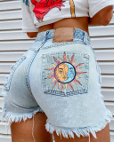 Sun Printed Back Pocket Fashion Hole Tassel Jean Shorts Black Blue S-3XL