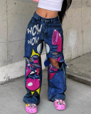 Hot Sale Hollow Out High Waist Graffiti Wide Leg Long Pants Blue Gray S-3XL