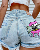 Summer New Hot Women Dollar Lips Printed Hole Tassel Ripped Jeans Shorts Black Blue Gray S-4XL