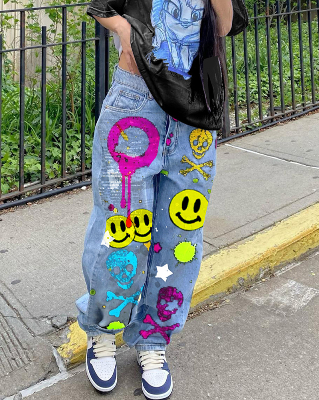 Graffiti Smile Printed High Waist Wide Leg Fashion Women Jeans Light Blue S-3XL