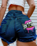 Summer New Hot Women Dollar Lips Printed Hole Tassel Ripped Jeans Shorts Black Blue Gray S-4XL