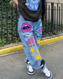 Fashion Lips Graffiti Printed Jeans Straight Pants Light Blue S-3XL