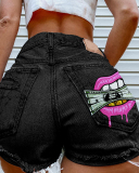 Summer New Hot Women Dollar Lips Printed Hole Tassel Ripped Jeans Shorts Black Blue Gray S-4XL
