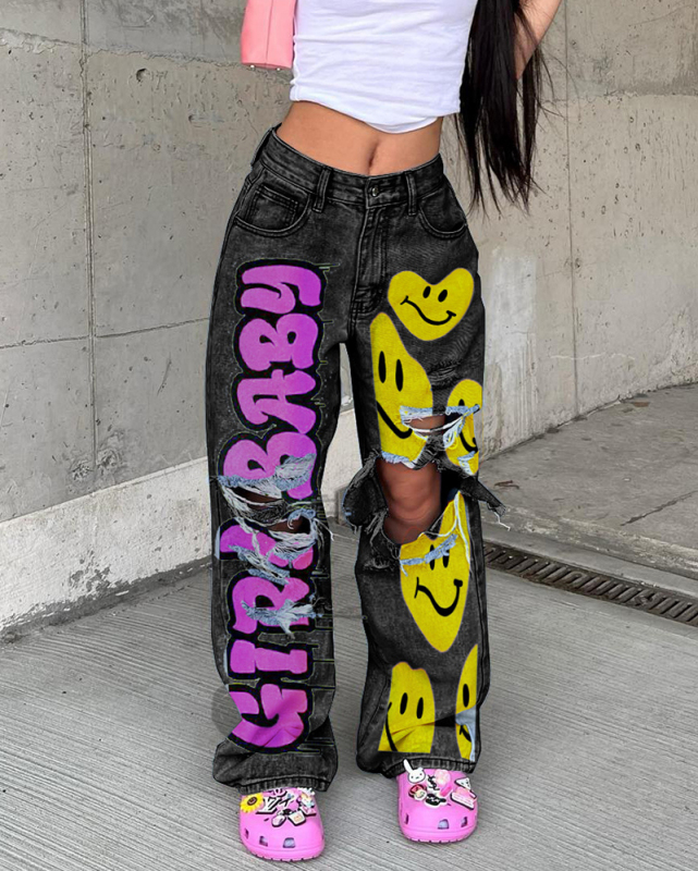 Popular High Waist Smile Printed Hollow Out Cargo Pants Blue Gray S-3XL