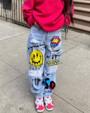 Smile Printed Street Style Fashion Skateboard Pants Jeans Light Blue S-3XL
