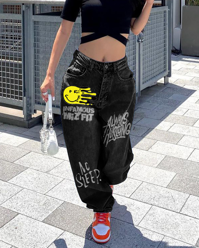 Women Fashion Smile Printing High Waist Wide Leg Jeans Black Blue S-3XL