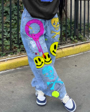 Graffiti Smile Printed High Waist Wide Leg Fashion Women Jeans Light Blue S-3XL