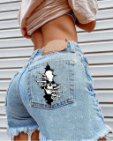 Popular Skeleton Bone Printed Women Shorts Jeans Black Light Blue S-3XL