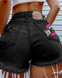 Summer New Hot Women Dollar Lips Printed Hole Tassel Ripped Jeans Shorts Black Blue Gray S-4XL