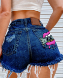 Summer New Hot Women Dollar Lips Printed Hole Tassel Ripped Jeans Shorts Black Blue Gray S-4XL