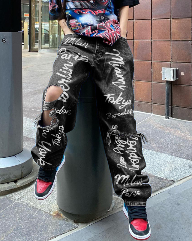 Trendy Women High Waist Hip Hop Hole Knee Street Style Jeans Pants Blue Black S-3XL