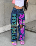 Popular High Waist Smile Printed Hollow Out Cargo Pants Blue Gray S-3XL