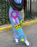 Graffiti Smile Printed High Waist Wide Leg Fashion Women Jeans Light Blue S-3XL