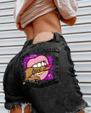 Women Lips Printed Fashion Hole Jeans Shorts Black Blue S-3XL
