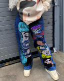Women Printed High Waist Cut Out Straight Leg Jeans Blue Gray S-3XL