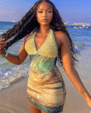 Deep V-neck Printed Women Summer Dress S-L