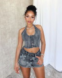 Summer Women Wholesale Jean Two Piece Skirt Set S-XXL
