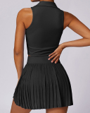 Summer Outdoor Sports Lapel Neck Vest Pleats Skirts Tennis Set Two-Piece Set S-XL