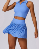 Summer Outdoor Sports Lapel Neck Vest Pleats Skirts Tennis Set Two-Piece Set S-XL