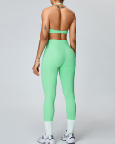 Summer Halter Neck Breathable Quick Drying High Waist Pants Yoga Two-piece Set Pink Green Yellow Blue S-XL