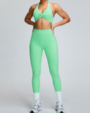Summer Halter Neck Breathable Quick Drying High Waist Pants Yoga Two-piece Set Pink Green Yellow Blue S-XL
