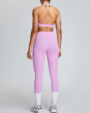 Summer Halter Neck Breathable Quick Drying High Waist Pants Yoga Two-piece Set Pink Green Yellow Blue S-XL
