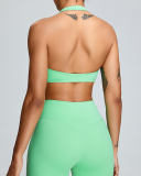 Summer Halter Neck Breathable Quick Drying High Waist Pants Yoga Two-piece Set Pink Green Yellow Blue S-XL