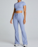 Slim O Neck Short Sleeve Crop Top Solid Color Wide Leg Sports Two Piece Set White Blue Pink Black S-XL