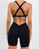 Criss Cross Back V Neck Sports Bra Quick Drying Hips LIft Outdoor Running Shorts Sets S-L