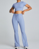 Breathable O-Neck Short Sleeve Solid Color Crop Top Sports T-shirt (NO Pad) White Blue Pink Black S-XL