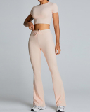 New Drawstring High Waist Wide Slit Leg Fitness Pants White Blue Black Pink S-XL