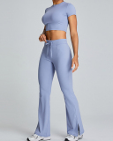 Breathable O-Neck Short Sleeve Solid Color Crop Top Sports T-shirt (NO Pad) White Blue Pink Black S-XL